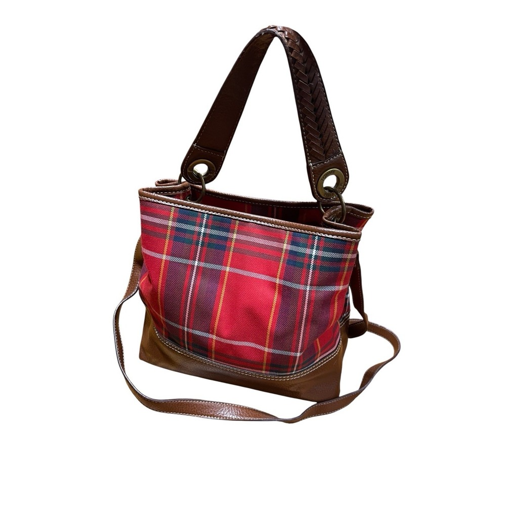 Vintage Tommy Hilfiger Bucket Purse Red Plaid Brown Trim 90s Mom Bag